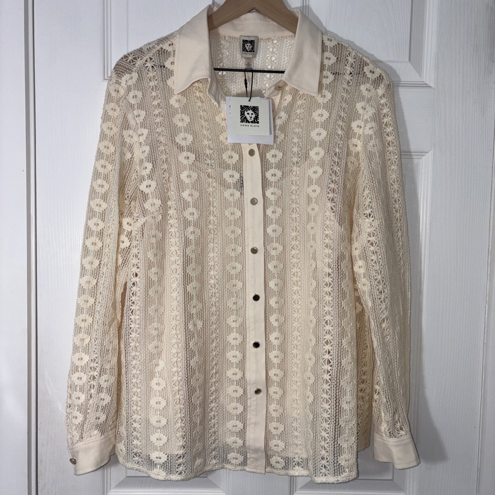 Anne Klein Women's XL Ivory Crochet Lace Button Front Sheer Blouse w/ Tank NWT